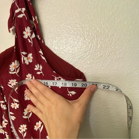 Red floral print boho feminine romantic button front midi dress tie shoulder XL - Picture 12 of 12